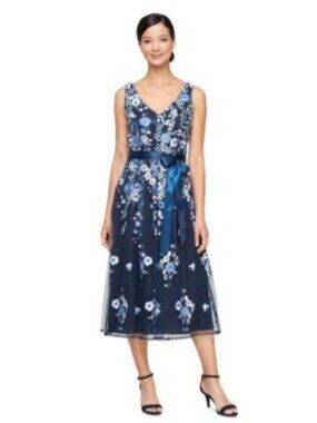 Alex Evenings Navy Blue Flower Chiffon Mesh Midi Wedding Party Gown Dress Size 6